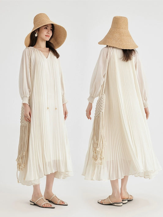 Signer French 2024 new mid-length design niche spring and summer temperament large swing waist pleated dress for children