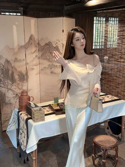 FairyJiang Summer New Style Flowing Satin White Wide-Leg Pants for Women, High Waist, Floor-Length, Loose Casual Pants