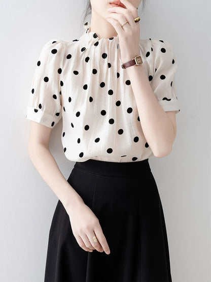 French stand collar puff sleeve polka dot shirt ladies 2025 summer new short-sleeved shirt design niche top