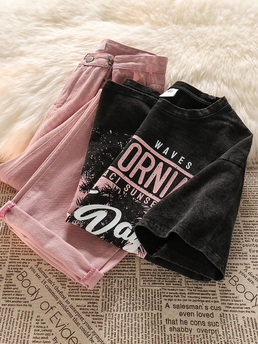 Recommended for self-retention! Korean retro short-sleeved T-shirt pure cotton shoulder top women's straight jeans set