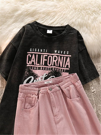 Recommended for self-retention! Korean retro short-sleeved T-shirt pure cotton shoulder top women's straight jeans set