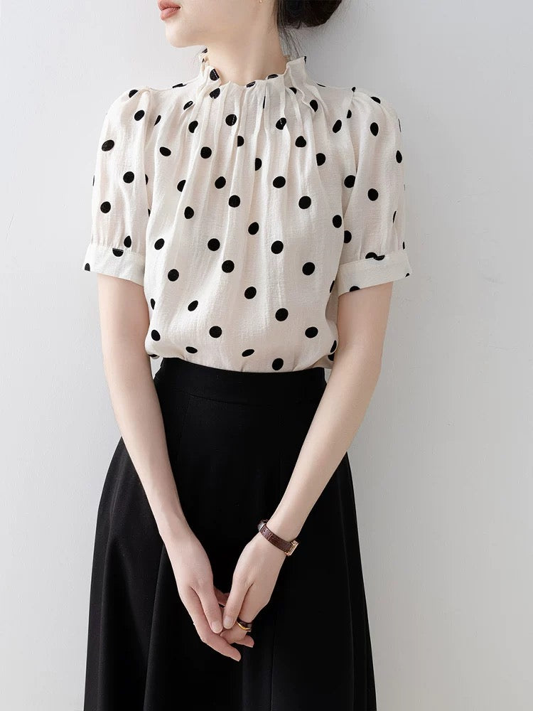 French stand collar puff sleeve polka dot shirt ladies 2025 summer new short-sleeved shirt design niche top