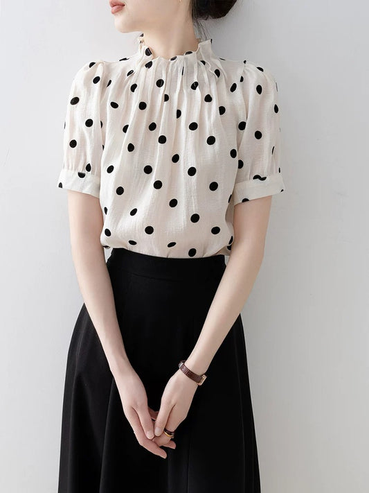 French stand collar puff sleeve polka dot shirt ladies 2025 summer new short-sleeved shirt design niche top