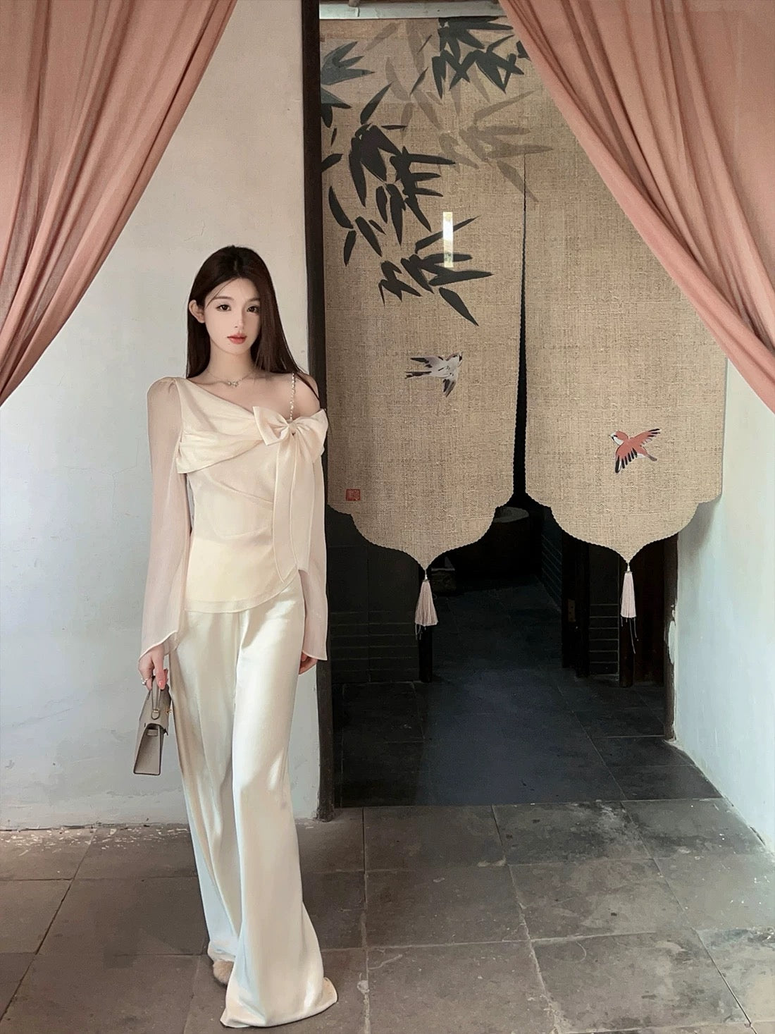 FairyJiang Summer New Style Flowing Satin White Wide-Leg Pants for Women, High Waist, Floor-Length, Loose Casual Pants