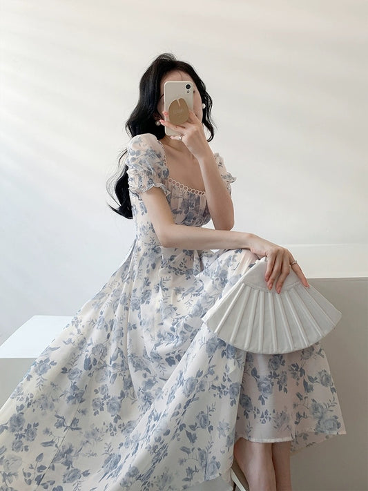 2024 Spring and Summer New French Square Neck Puff Sleeve Lace Dress Niche Design Temperament Floral Long Skirt