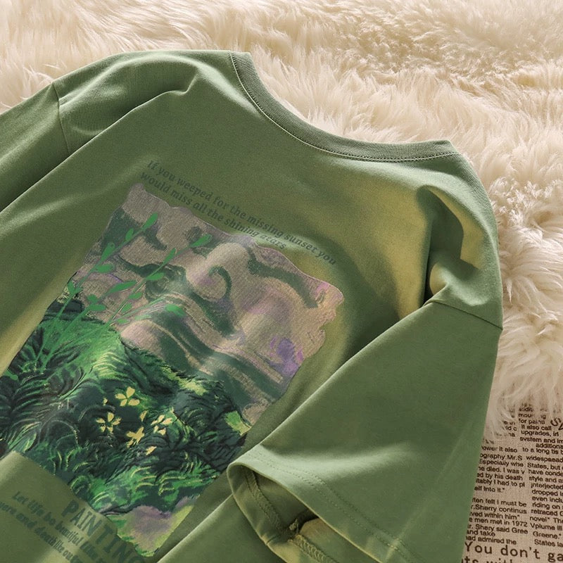 Full of vitality~Green short-sleeved straight shoulder T-shirt for women in summer, loose American retro cotton top