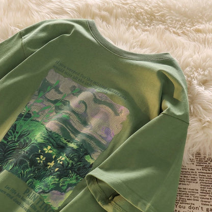 Full of vitality~Green short-sleeved straight shoulder T-shirt for women in summer, loose American retro cotton top