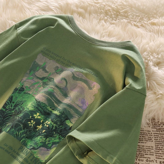 Full of vitality~Green short-sleeved straight shoulder T-shirt for women in summer, loose American retro cotton top