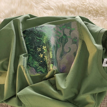 Full of vitality~Green short-sleeved straight shoulder T-shirt for women in summer, loose American retro cotton top