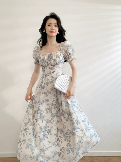 2024 Spring and Summer New French Square Neck Puff Sleeve Lace Dress Niche Design Temperament Floral Long Skirt