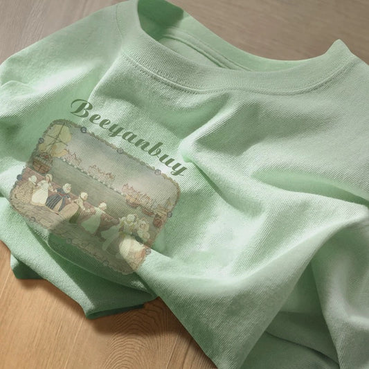 Color matching yyds! Summer straight shoulder short-sleeved T-shirt for women with loose and age-reducing design and printed versatile bottoming shirt top