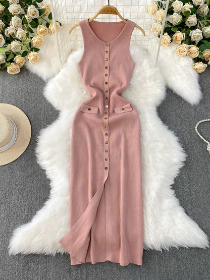 2025 Summer New Women's Dress: High-end Round Neck Metal Button-down Slim Fit Slit Knitted Long Dress