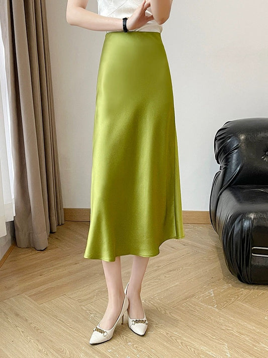 2024 New Glossy Draped Hip Slit Green Acetate Skirt for Women Summer