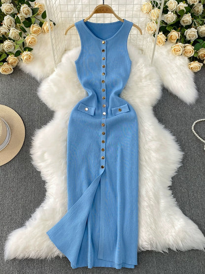2025 Summer New Women's Dress: High-end Round Neck Metal Button-down Slim Fit Slit Knitted Long Dress