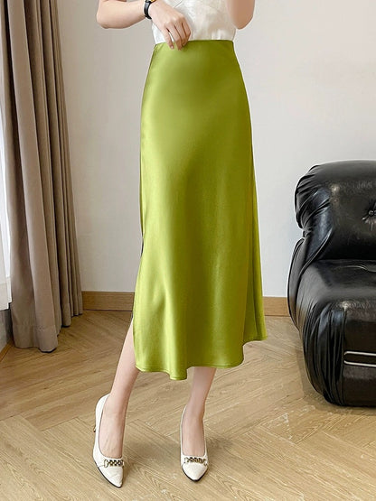 2024 New Glossy Draped Hip Slit Green Acetate Skirt for Women Summer
