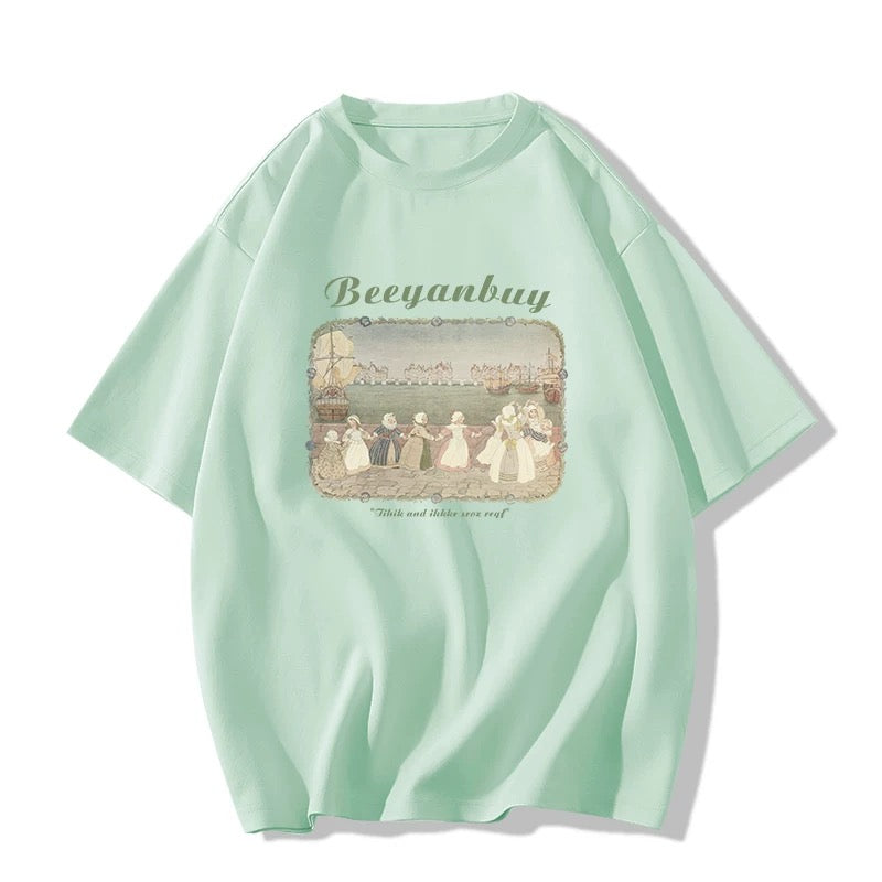 Color matching yyds! Summer straight shoulder short-sleeved T-shirt for women with loose and age-reducing design and printed versatile bottoming shirt top