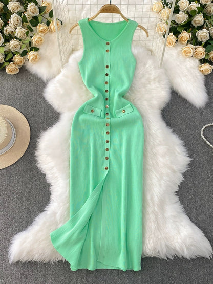 2025 Summer New Women's Dress: High-end Round Neck Metal Button-down Slim Fit Slit Knitted Long Dress