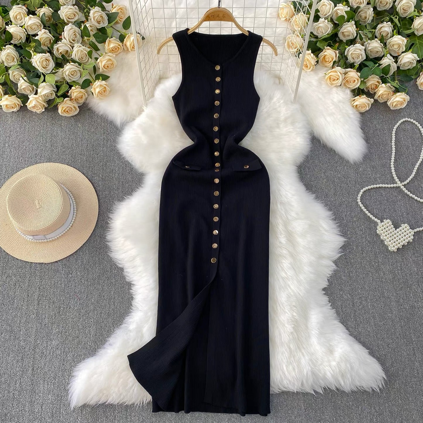 2025 Summer New Women's Dress: High-end Round Neck Metal Button-down Slim Fit Slit Knitted Long Dress