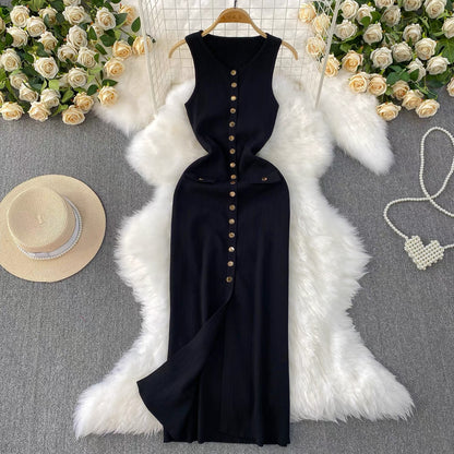 2025 Summer New Women's Dress: High-end Round Neck Metal Button-down Slim Fit Slit Knitted Long Dress