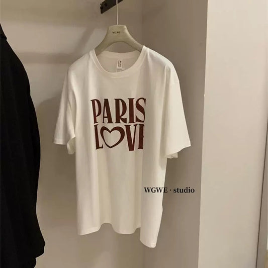 WGWE2025 Spring and Summer Korean Fashion Letter Love Printing All-match Round Neck Loose Short Sleeve Cotton T-shirt Trend