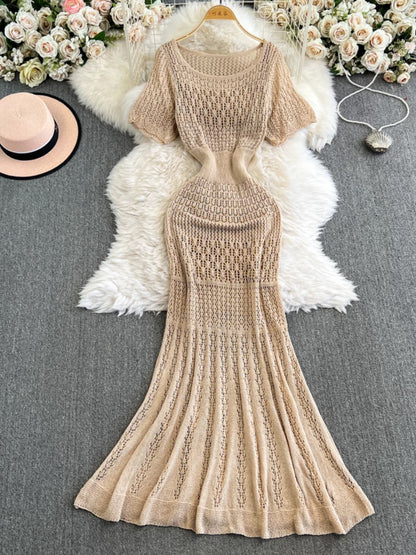 French retro-style openwork knit dress, new summer style, elegant, waist-cinching, slimming, mid-length A-line fishtail skirt.