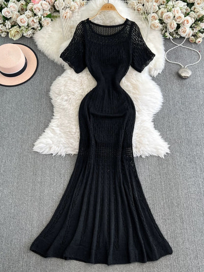 French retro-style openwork knit dress, new summer style, elegant, waist-cinching, slimming, mid-length A-line fishtail skirt.