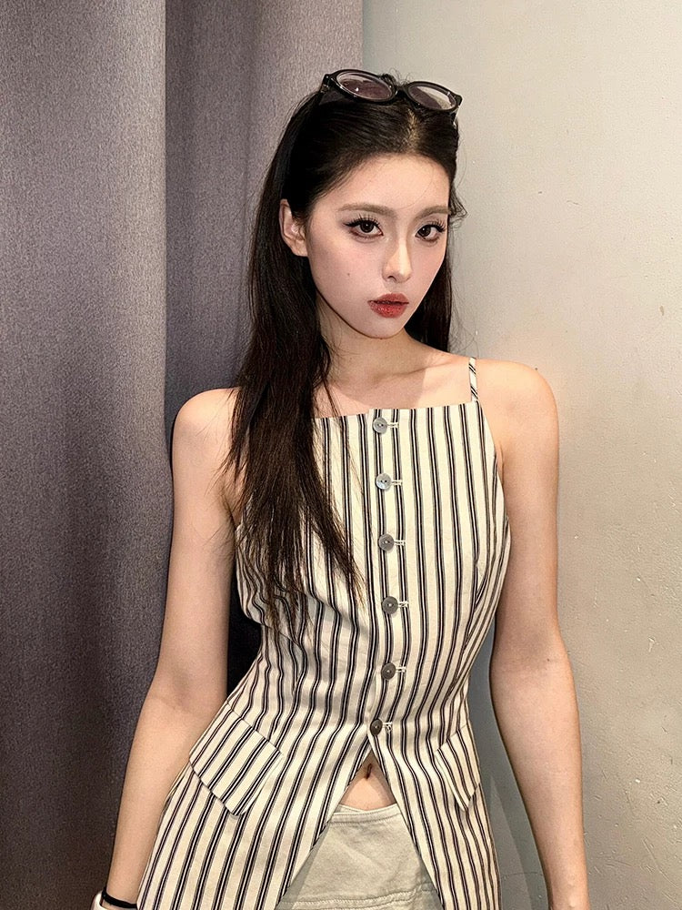 AN Maiden Korean commuting suspender shirt female summer new contrast stripes slim fit chic versatile tops