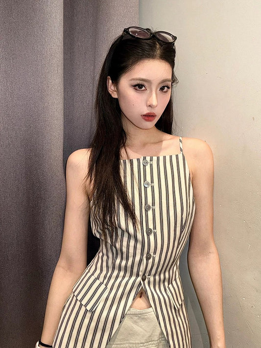 AN Maiden Korean commuting suspender shirt female summer new contrast stripes slim fit chic versatile tops