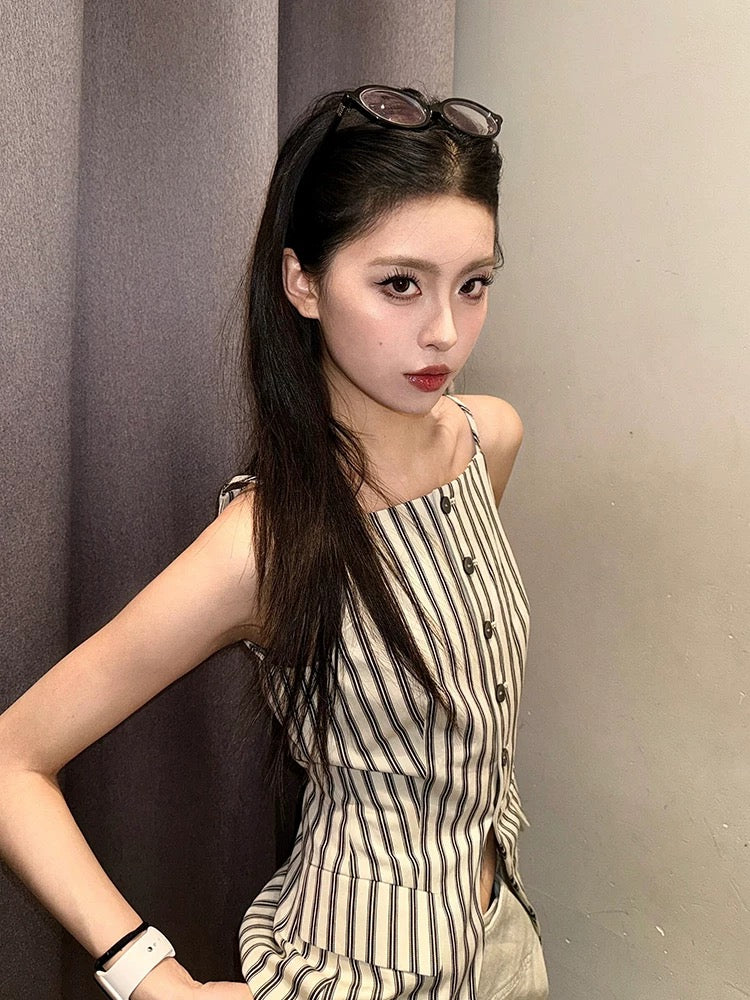 AN Maiden Korean commuting suspender shirt female summer new contrast stripes slim fit chic versatile tops