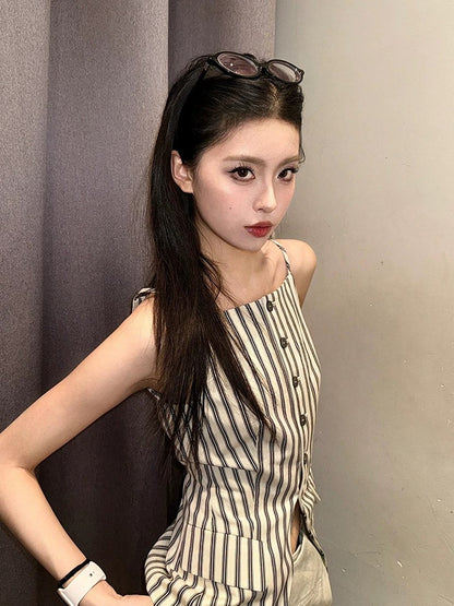 AN Maiden Korean commuting suspender shirt female summer new contrast stripes slim fit chic versatile tops