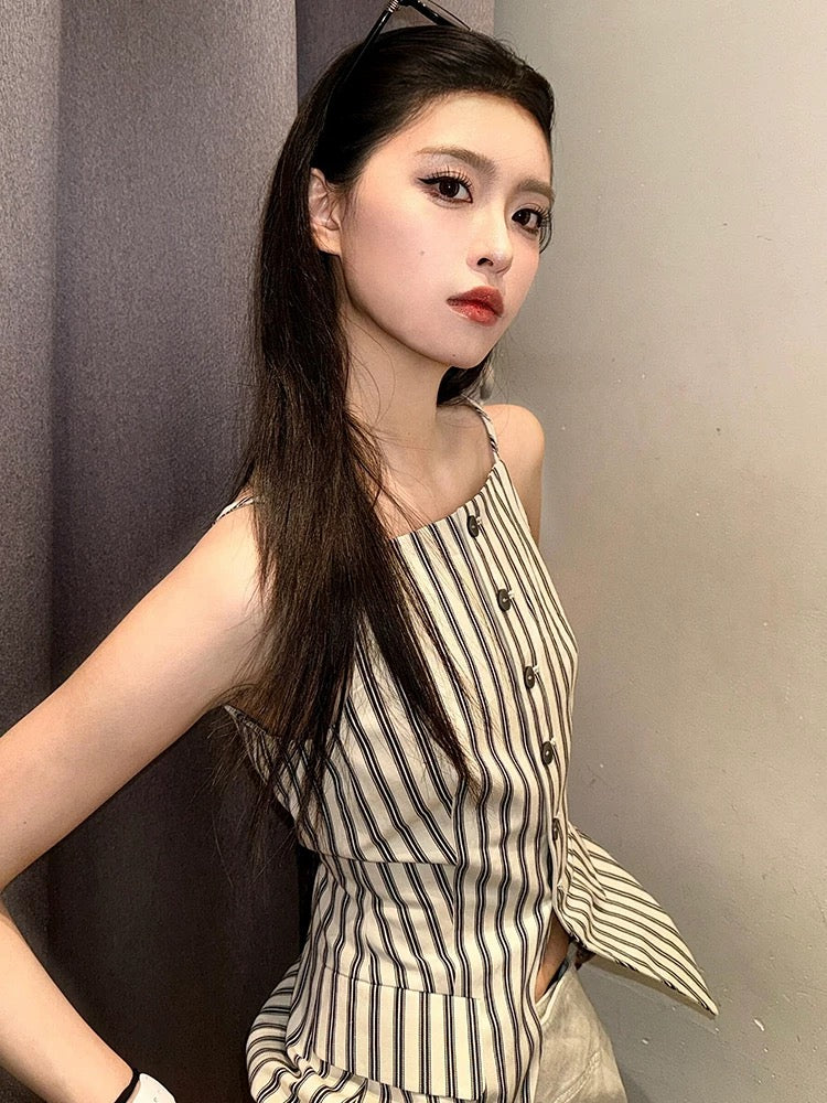 AN Maiden Korean commuting suspender shirt female summer new contrast stripes slim fit chic versatile tops