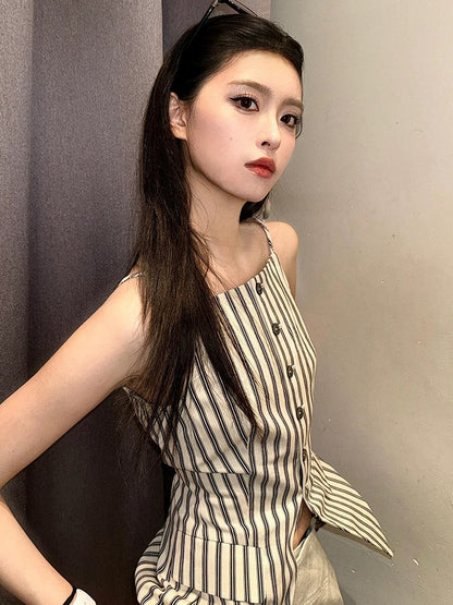 AN Maiden Korean commuting suspender shirt female summer new contrast stripes slim fit chic versatile tops
