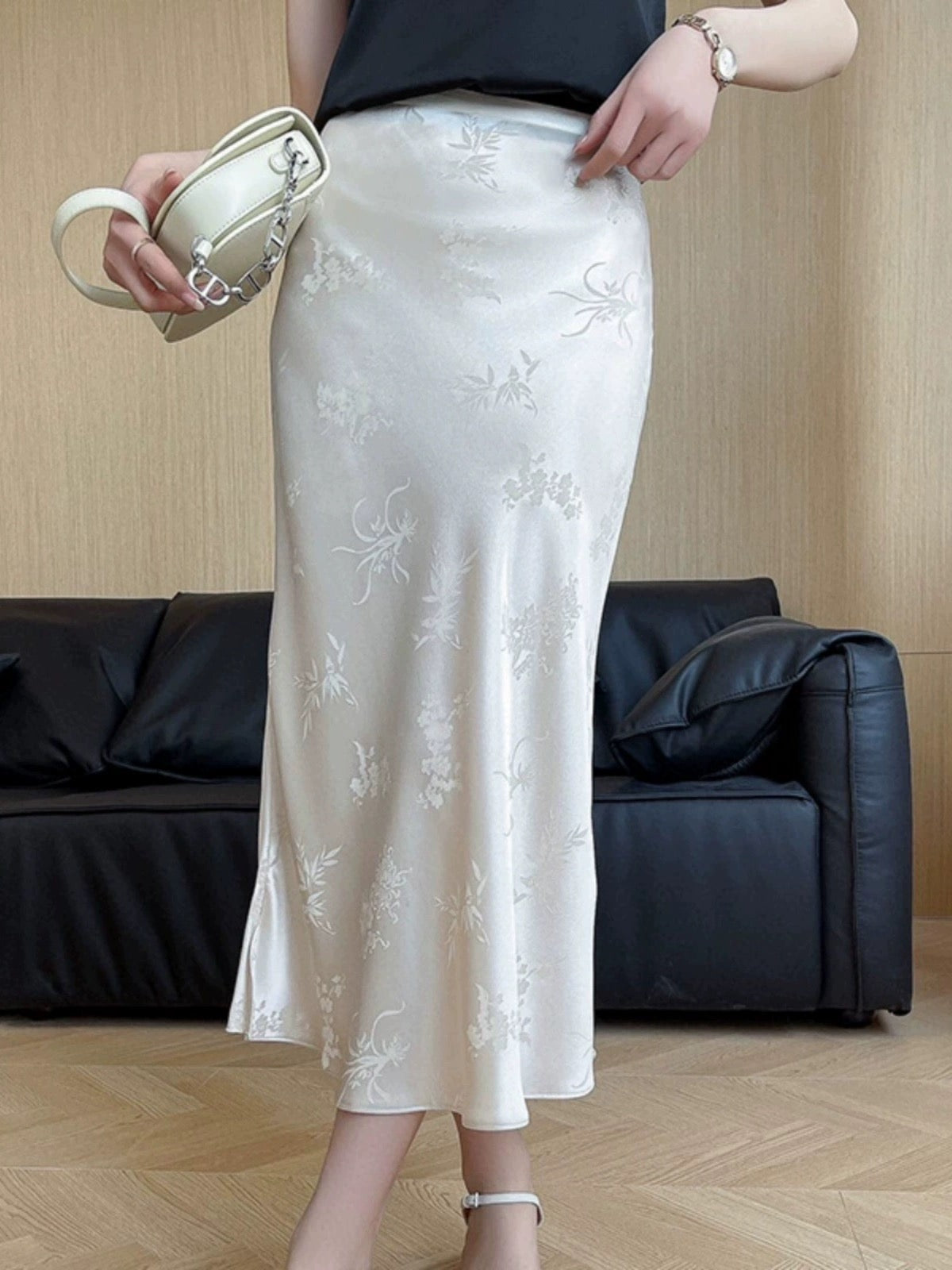 New Chinese style apricot color acetate jacquard skirt for women spring and summer high-waist slim satin hip fishtail skirt