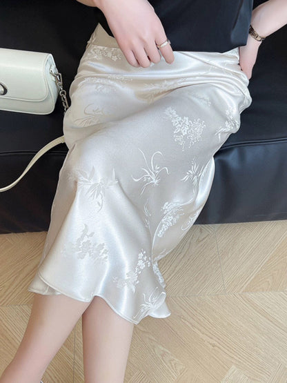 New Chinese style apricot color acetate jacquard skirt for women spring and summer high-waist slim satin hip fishtail skirt