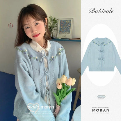 Hook flower milk sweet baby blue sweater coat female cardigan Japanese retro autumn and winter knitted gentle style top