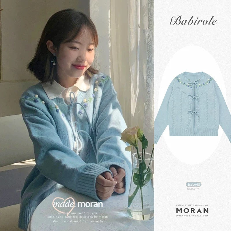 Hook flower milk sweet baby blue sweater coat female cardigan Japanese retro autumn and winter knitted gentle style top