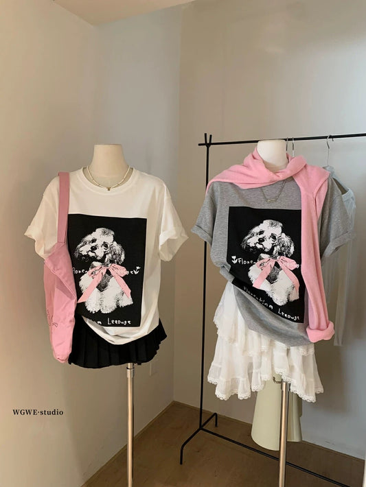 Butterfly pixel puppy print round neck loose top short sleeve T-shirt female summer 2025 new Korean version half sleeve shirt