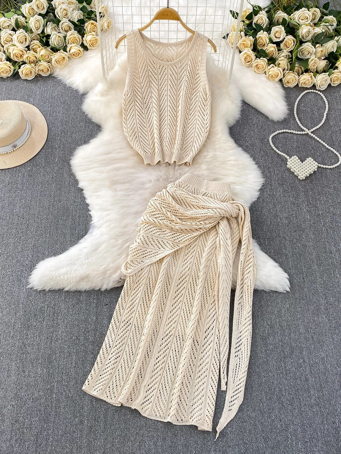Resort-style breathable openwork knit vest top + elegant shawl with tie + high-waisted slimming skirt three-piece set