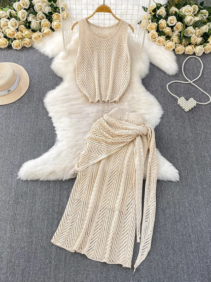 Resort-style breathable openwork knit vest top + elegant shawl with tie + high-waisted slimming skirt three-piece set