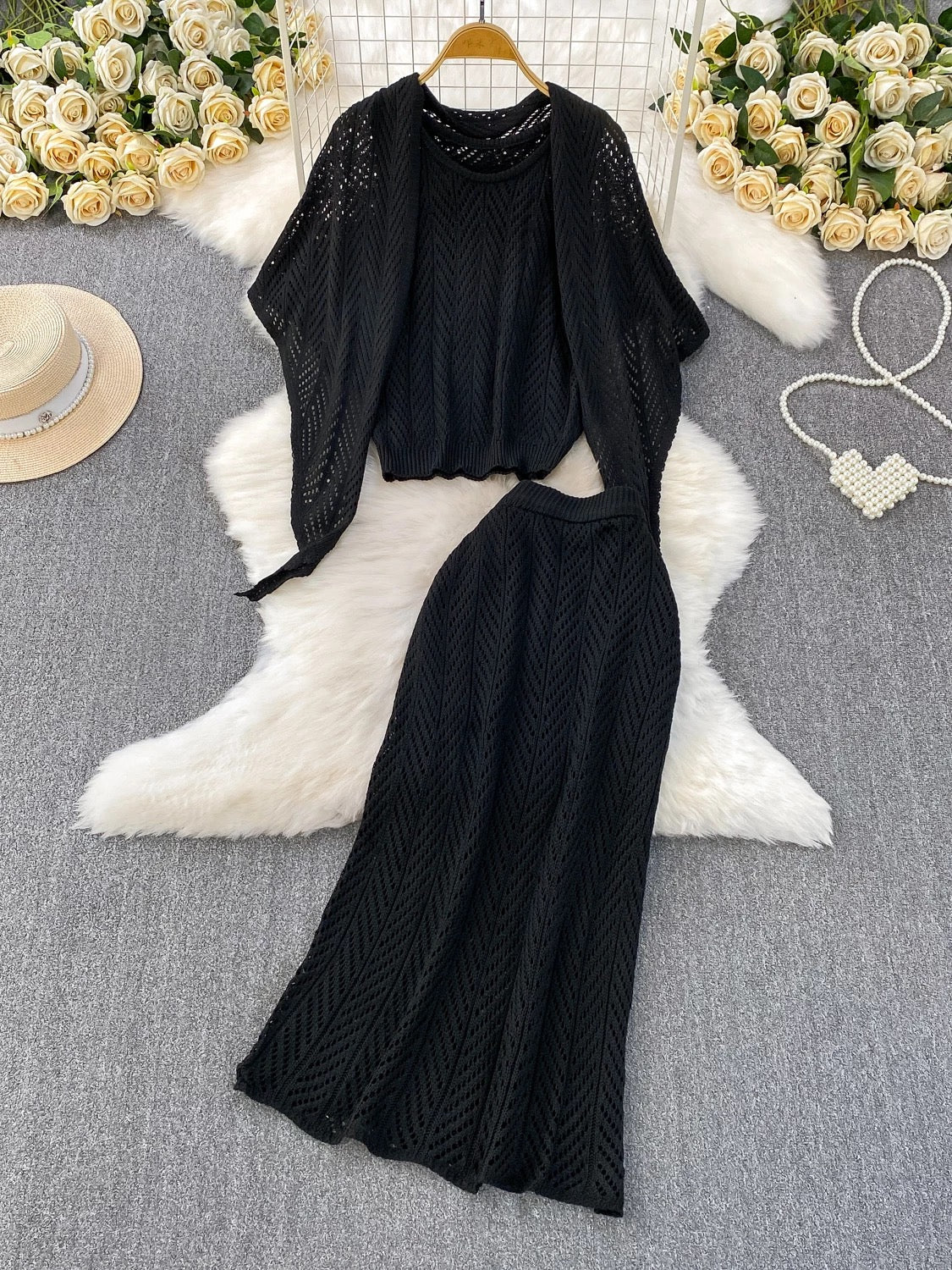 Resort-style breathable openwork knit vest top + elegant shawl with tie + high-waisted slimming skirt three-piece set