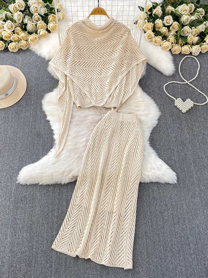 Resort-style breathable openwork knit vest top + elegant shawl with tie + high-waisted slimming skirt three-piece set