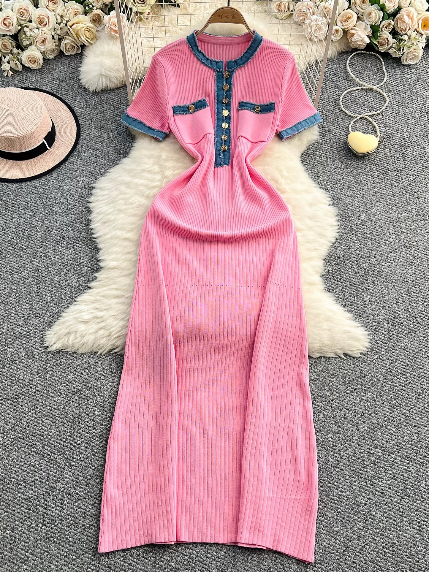 European and American style women's clothing 2025 summer new denim patchwork knit long dress tight short sleeve waist slimming dress