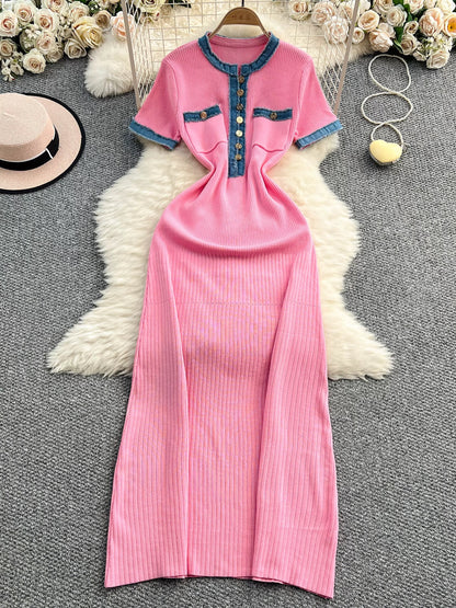 European and American style women's clothing 2025 summer new denim patchwork knit long dress tight short sleeve waist slimming dress