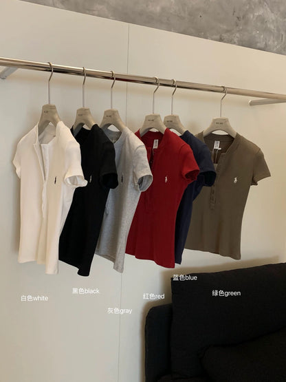 【WGWE】2025 Summer New Women's Design Button-up Small Hot Girl Embroidered Short-sleeved T-shirt Top
