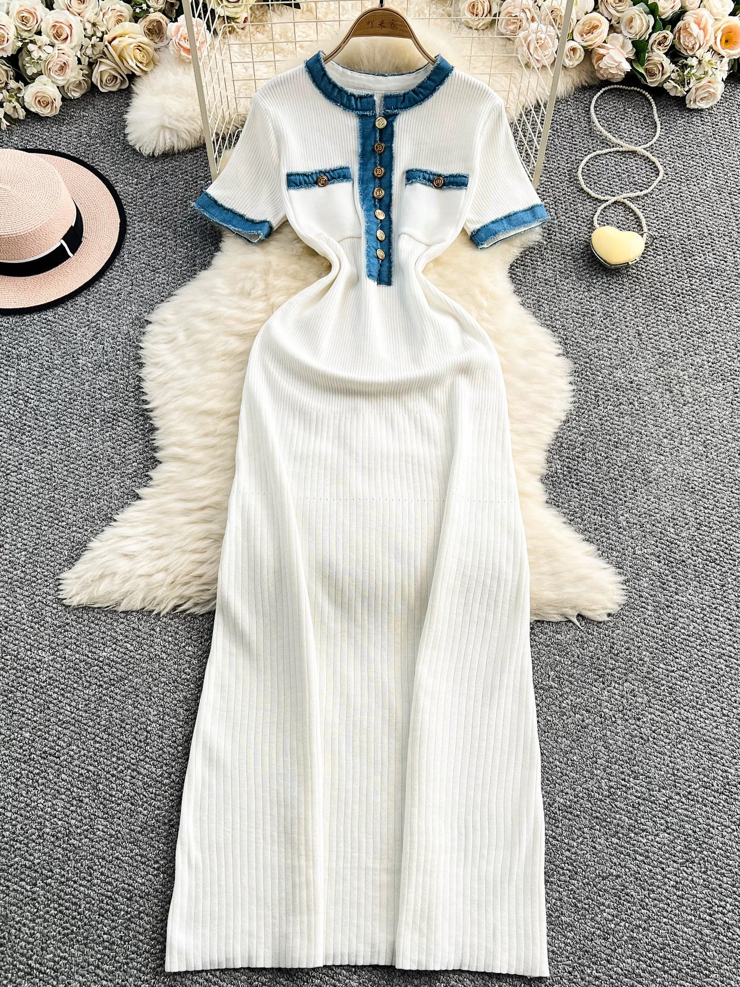 European and American style women's clothing 2025 summer new denim patchwork knit long dress tight short sleeve waist slimming dress