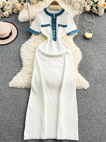 European and American style women's clothing 2025 summer new denim patchwork knit long dress tight short sleeve waist slimming dress