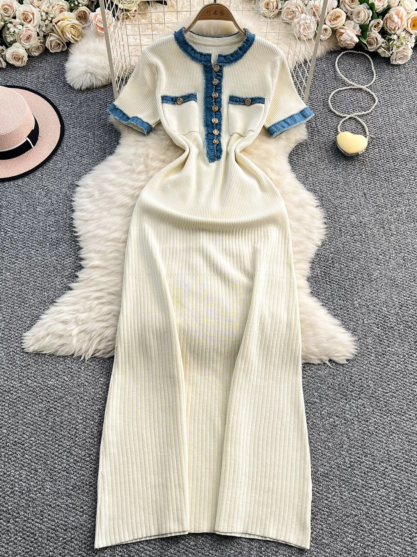 European and American style women's clothing 2025 summer new denim patchwork knit long dress tight short sleeve waist slimming dress