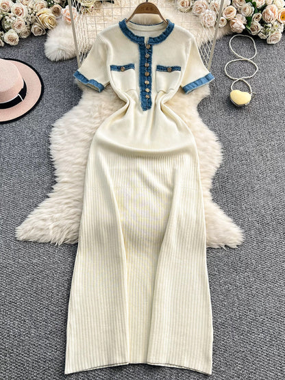 European and American style women's clothing 2025 summer new denim patchwork knit long dress tight short sleeve waist slimming dress