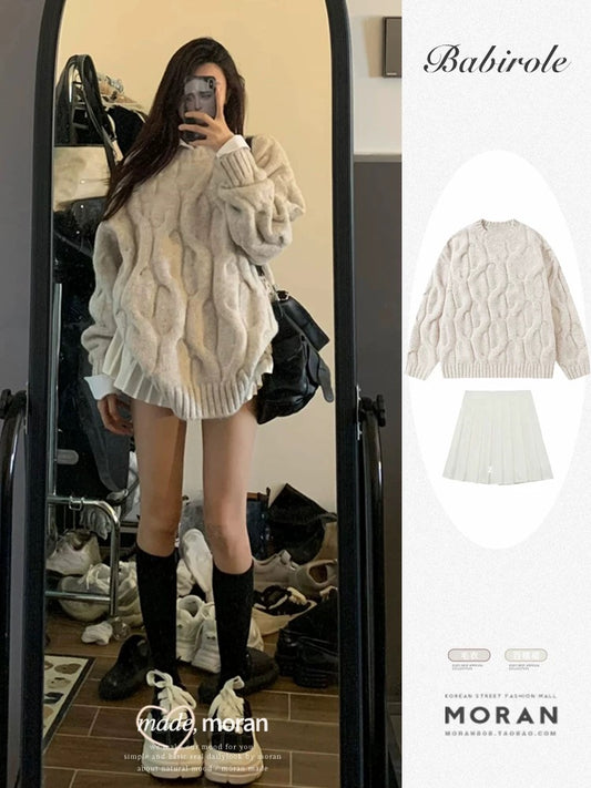 American lazy style oversize twist sweater women's round neck pullover autumn and winter thickened loose sweater suit skirt