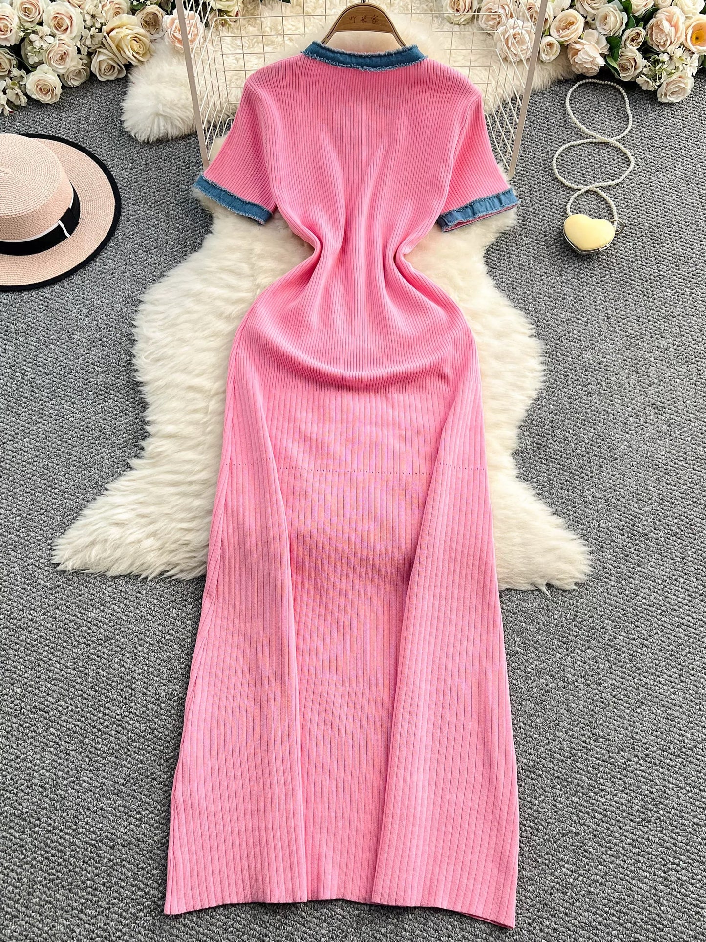 European and American style women's clothing 2025 summer new denim patchwork knit long dress tight short sleeve waist slimming dress